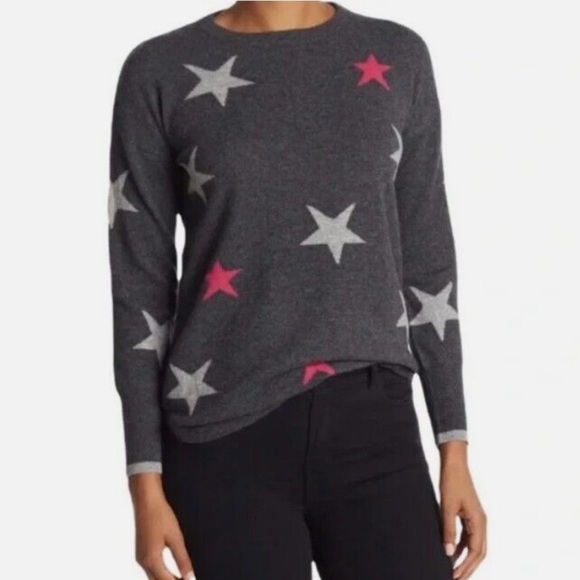 NWOT Philosophy 100% Cashmere Gray w/ Pink Stars Women Sweater Size L - Picture 1 of 8